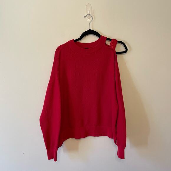 DKNY L red pullover sweater knit cold shoulder sequin band cozy cabincore fall - Picture 1 of 9